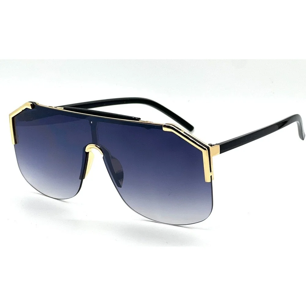 Shield Sunglasses Gold Accents Single‎ Black Lens Miami Beach Style Trendy Gafas